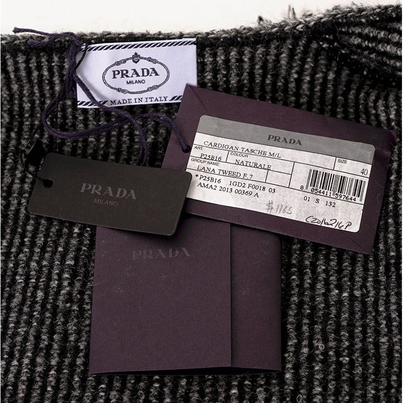 sz 40/46 NEW $1470 PRADA Black White Gray TWEED KNIT Wool Blend Sweater CARDIGAN L