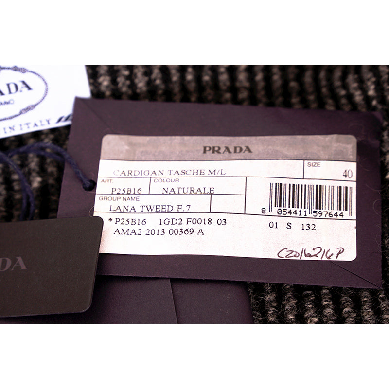 sz 40/46 NEW $1470 PRADA Black White Gray TWEED KNIT Wool Blend Sweater CARDIGAN L