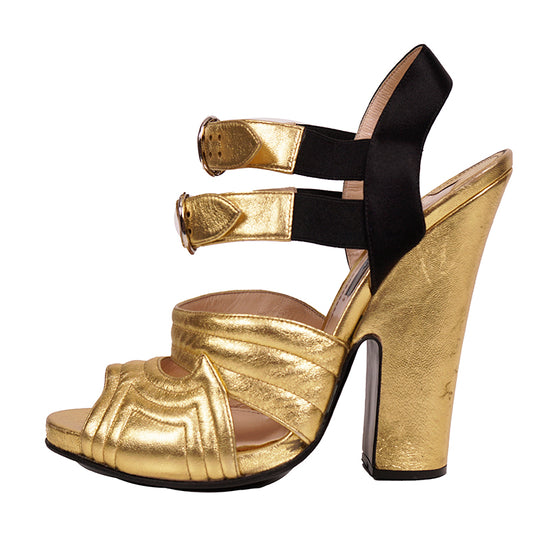 40 US 9.5 NEW $1100 PRADA Vintage 2013 RUNWAY Gold Leather CHUNKY Open Toe HEELS