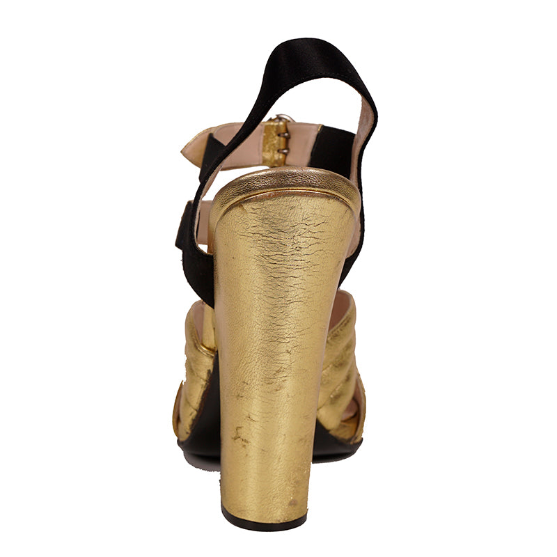 40 US 9.5 NEW $1100 PRADA Vintage 2013 RUNWAY Gold Leather CHUNKY Open Toe HEELS