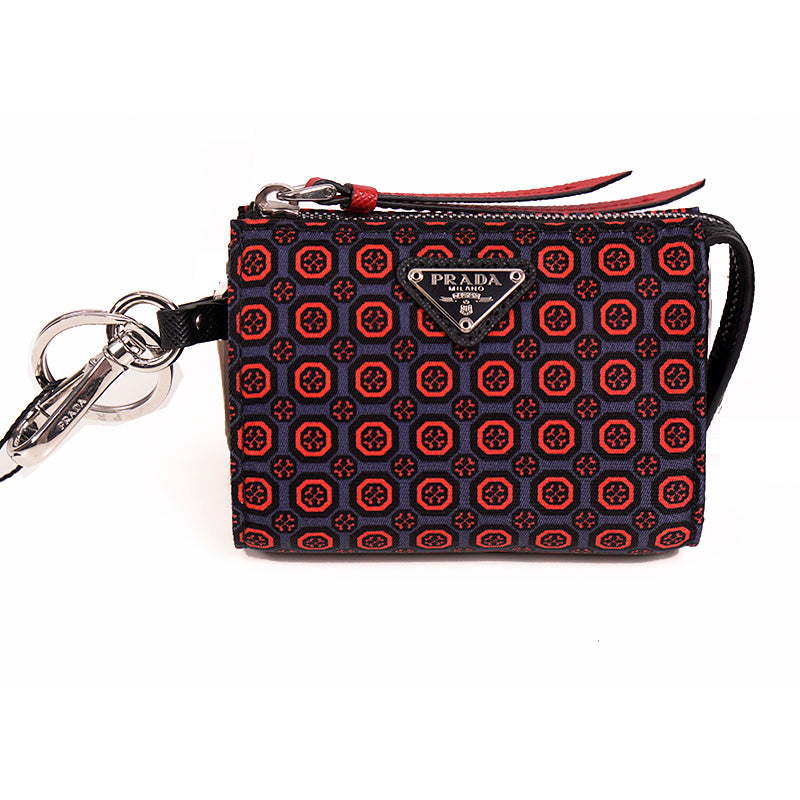 NEW $650 PRADA Red Gray NYLON Saffiano Key Chain Trick BAG CHARM Zip POUCH NIB