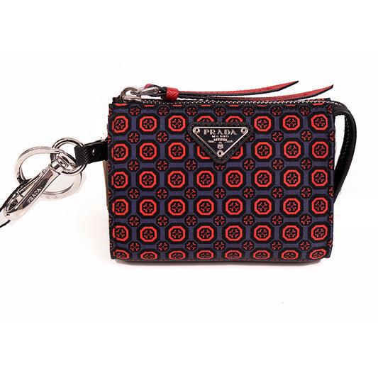 NEW $650 PRADA Red Gray NYLON Saffiano Key Chain Trick BAG CHARM Zip POUCH NIB