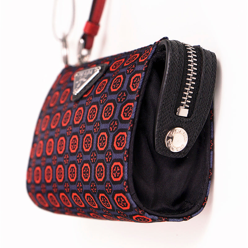NEW $650 PRADA Red Gray NYLON Saffiano Key Chain Trick BAG CHARM Zip POUCH NIB