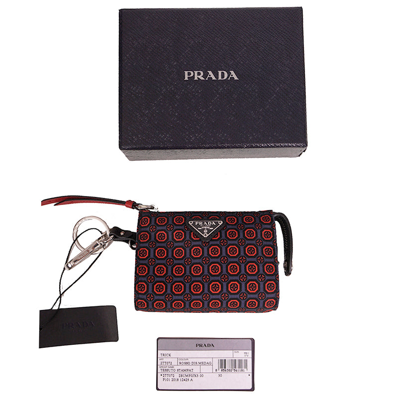 NEW $650 PRADA Red Gray NYLON Saffiano Key Chain Trick BAG CHARM Zip POUCH NIB