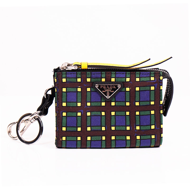 NEW $650 PRADA Blue PLAID NYLON Saffiano Key Chain Trick BAG CHARM Zip POUCH