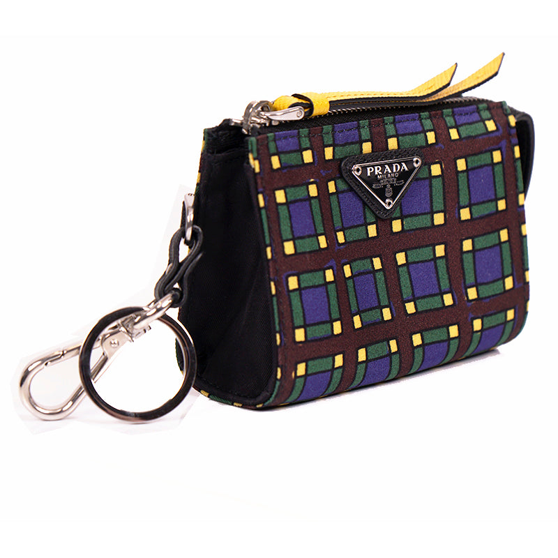 NEW $650 PRADA Blue PLAID NYLON Saffiano Key Chain Trick BAG CHARM Zip POUCH