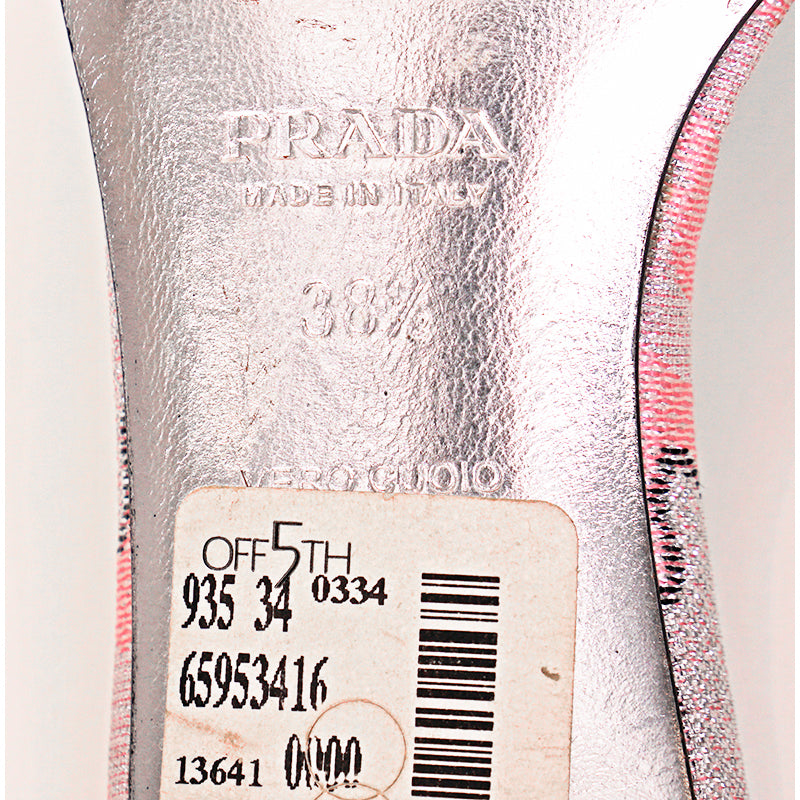 38.5 VINTAGE $835 PRADA Pink Silver Brocade CHUNKY BEADED Kitten Heel SANDALS