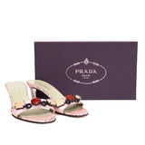 38.5 VINTAGE $835 PRADA Pink Silver Brocade CHUNKY BEADED Kitten Heel SANDALS