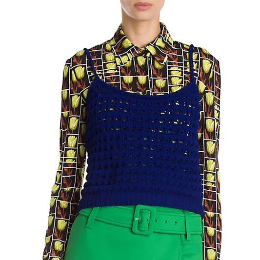 sz 38 NEW $1290 PRADA RUNWAY Vivid Blue CROCHET KNIT Resort LOGO in BACK TOP XS