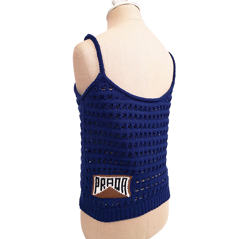 sz 38 NEW $1290 PRADA RUNWAY Vivid Blue CROCHET KNIT Resort LOGO in BACK TOP XS
