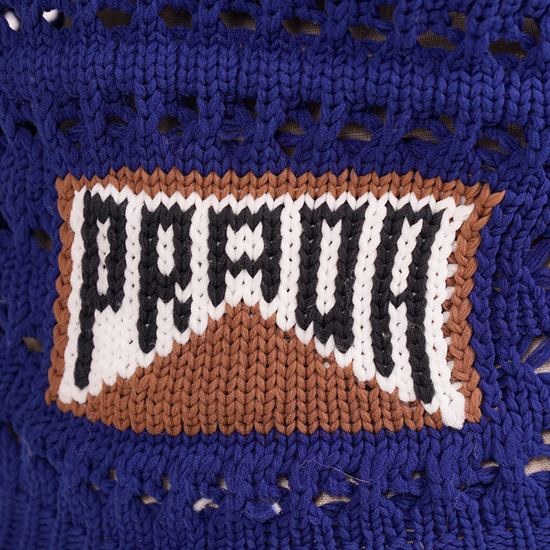 sz 38 NEW $1290 PRADA RUNWAY Vivid Blue CROCHET KNIT Resort LOGO in BACK TOP XS