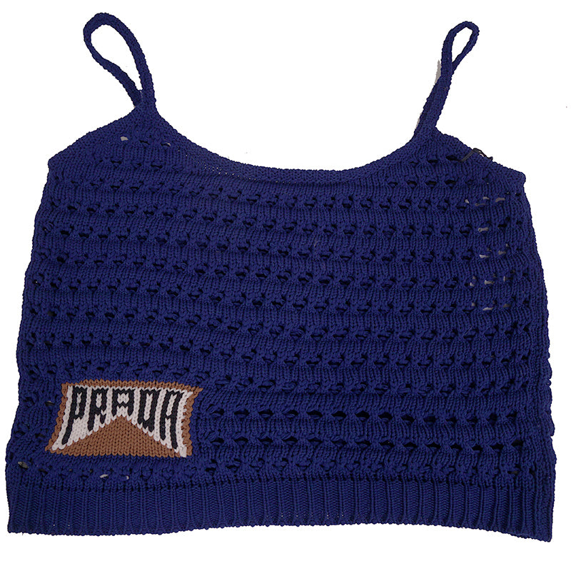 sz 38 NEW $1290 PRADA RUNWAY Vivid Blue CROCHET KNIT Resort LOGO in BACK TOP XS