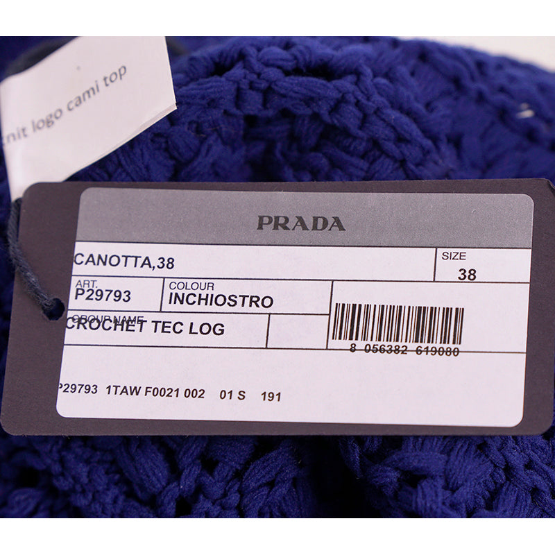 sz 38 NEW $1290 PRADA RUNWAY Vivid Blue CROCHET KNIT Resort LOGO in BACK TOP XS