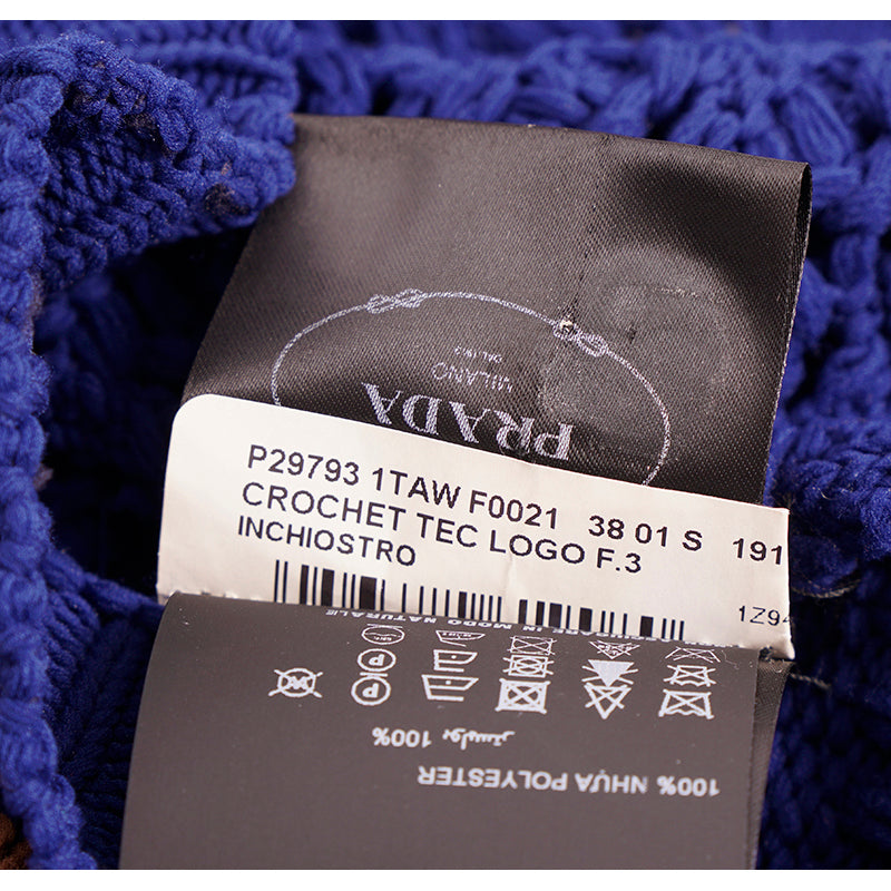 sz 38 NEW $1290 PRADA RUNWAY Vivid Blue CROCHET KNIT Resort LOGO in BACK TOP XS