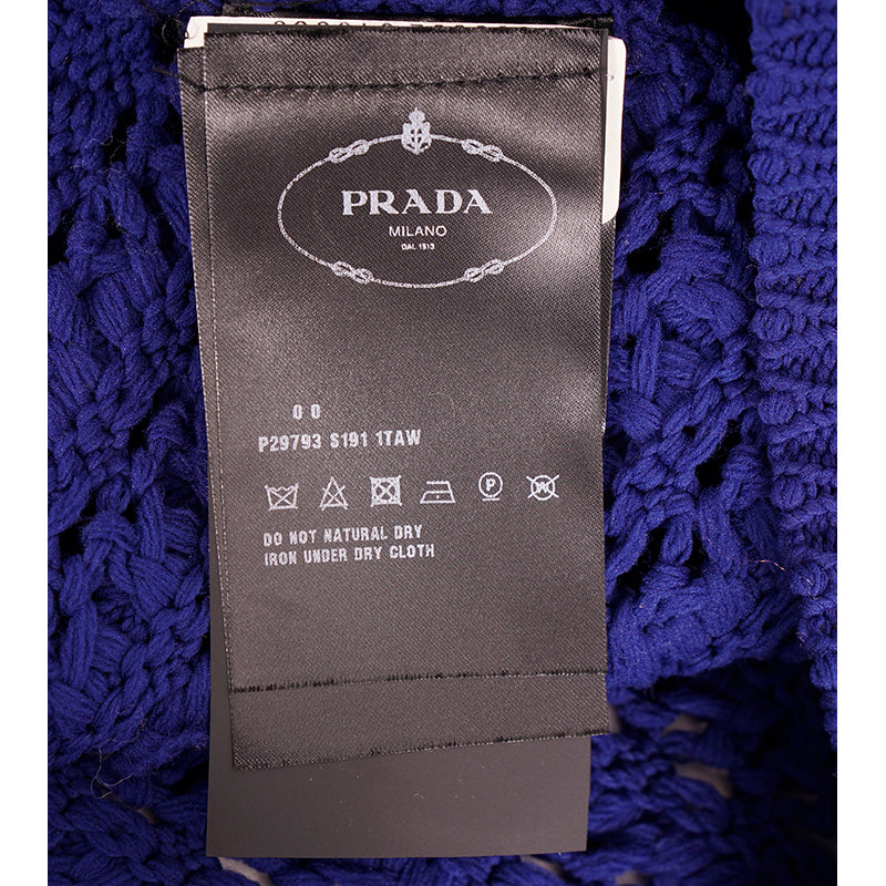 sz 38 NEW $1290 PRADA RUNWAY Vivid Blue CROCHET KNIT Resort LOGO in BACK TOP XS