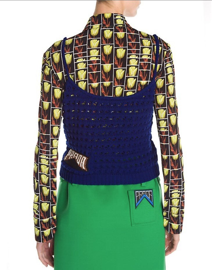 sz 38 NEW $1290 PRADA RUNWAY Vivid Blue CROCHET KNIT Resort LOGO in BACK TOP XS