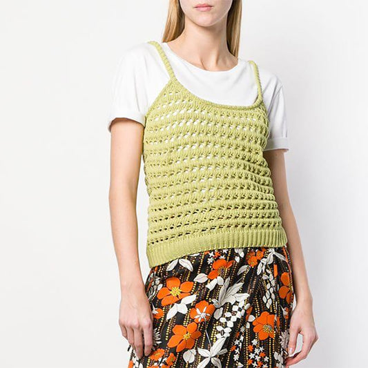 sz 38 NEW $1290 PRADA RUNWAY Acid Green CROCHET KNIT Resort LOGO in BACK TOP XS