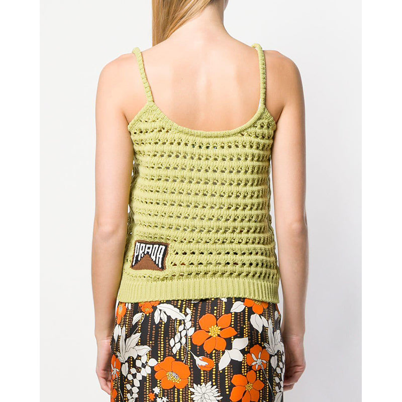 sz 38 NEW $1290 PRADA RUNWAY Acid Green CROCHET KNIT Resort LOGO in BACK TOP XS