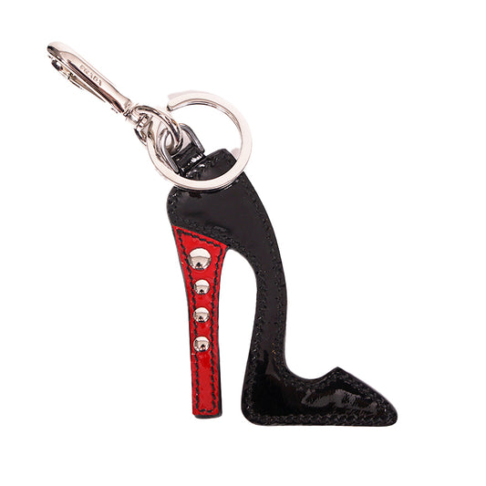 NEW $395 PRADA Black Patent Studded Stiletto HIGH HEEL Bag Charm KEY CHAIN NIB