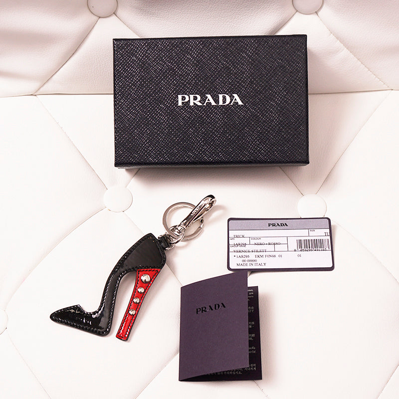 NEW $395 PRADA Black Patent Studded Stiletto HIGH HEEL Bag Charm KEY CHAIN NIB