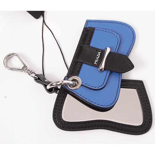 NEW $495 PRADA Blue Black Leather SIDONIE BAG SHAPED MIRROR Charm KEY RING NIB
