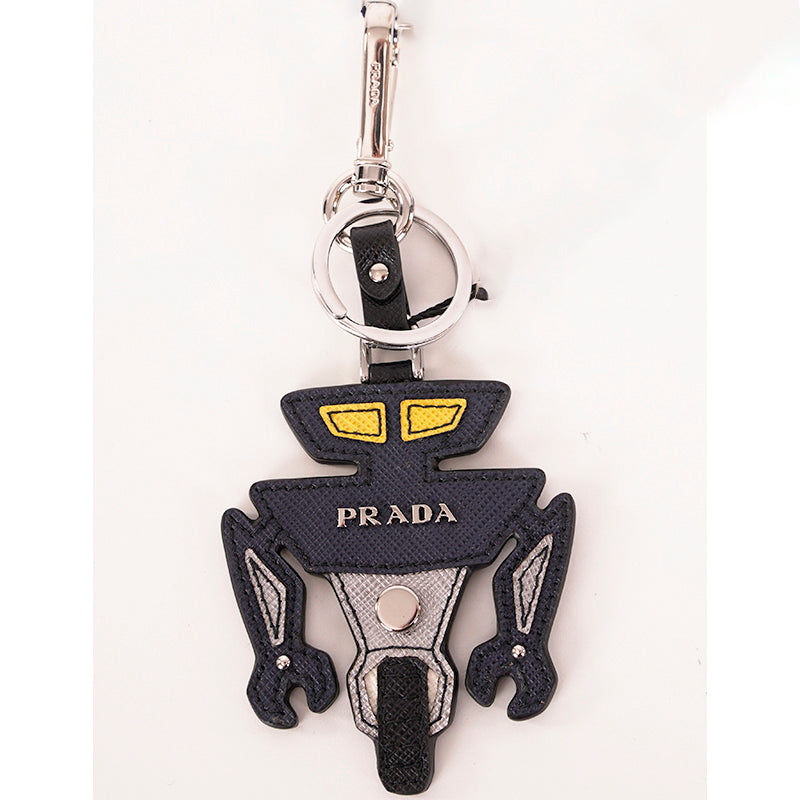 NEW $525 PRADA Blue ROBOT SAFFIANO LEATHER Silver Logo KEYCHAIN BAG TRICK