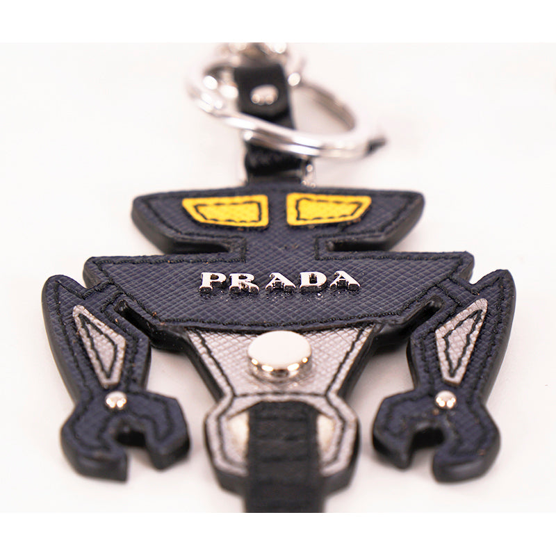 NEW $525 PRADA Blue ROBOT SAFFIANO LEATHER Silver Logo KEYCHAIN BAG TRICK