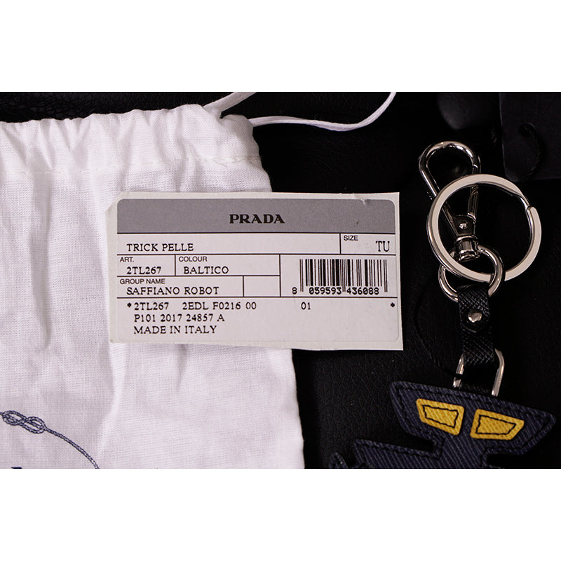 NEW $525 PRADA Blue ROBOT SAFFIANO LEATHER Silver Logo KEYCHAIN BAG TRICK