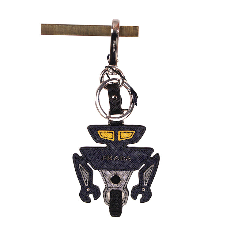 NEW $525 PRADA Blue ROBOT SAFFIANO LEATHER Silver Logo KEYCHAIN BAG TRICK
