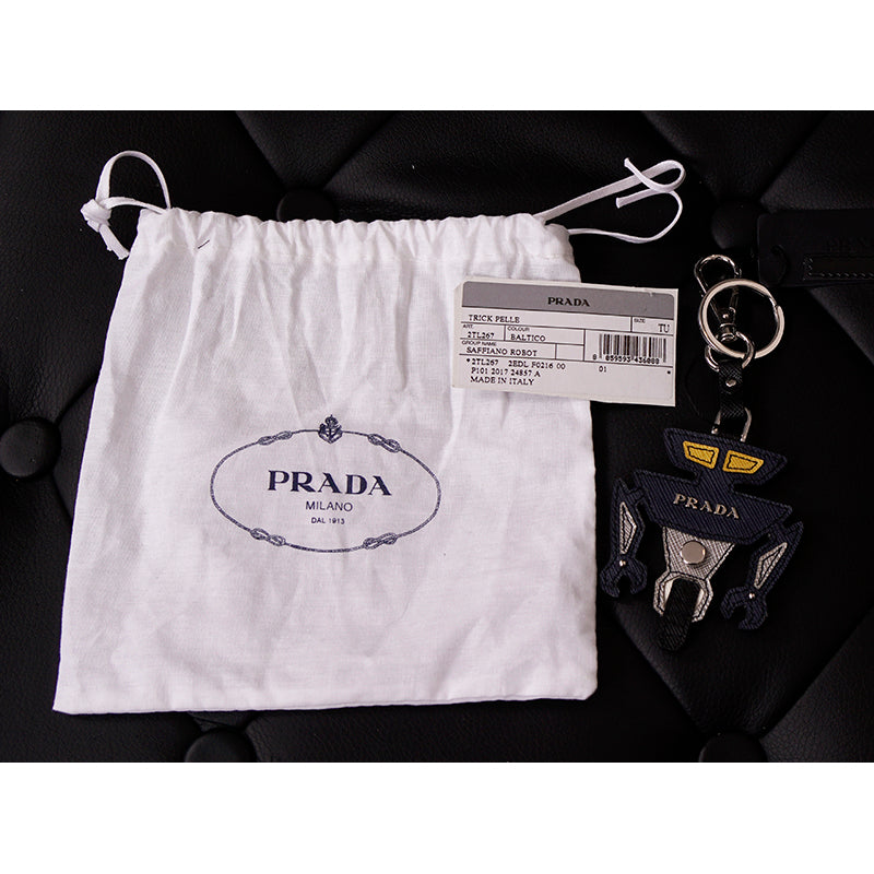 NEW $525 PRADA Blue ROBOT SAFFIANO LEATHER Silver Logo KEYCHAIN BAG TRICK