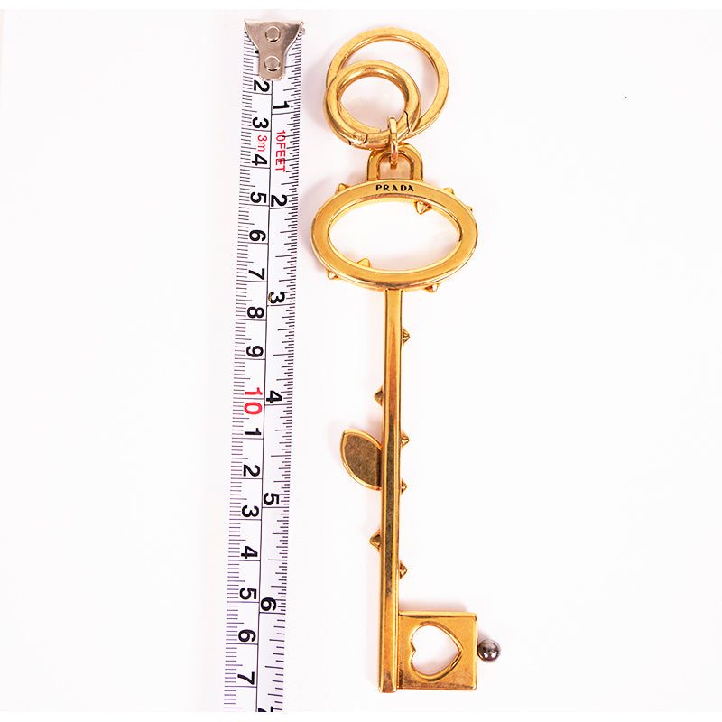 NEW $440 PRADA RUNWAY Gold Tone Metal FLOWER Thorns Logo SKELETON KEY KEYRING