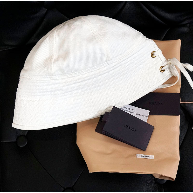 S NEW $775 PRADA Woman's RUNWAY White Cotton SAILOR Cap Spring Summer BUCKET HAT