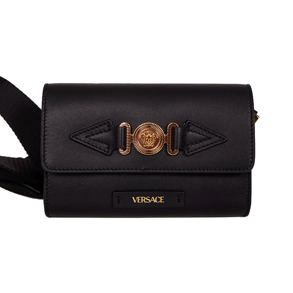 NEW $995 VERSACE Men's Black Leather GOLD MEDUSA BIGGIE LOGO Belt/Sling BAG NWT