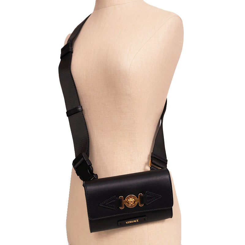 NEW $995 VERSACE Men's Black Leather GOLD MEDUSA BIGGIE LOGO Belt/Sling BAG NWT