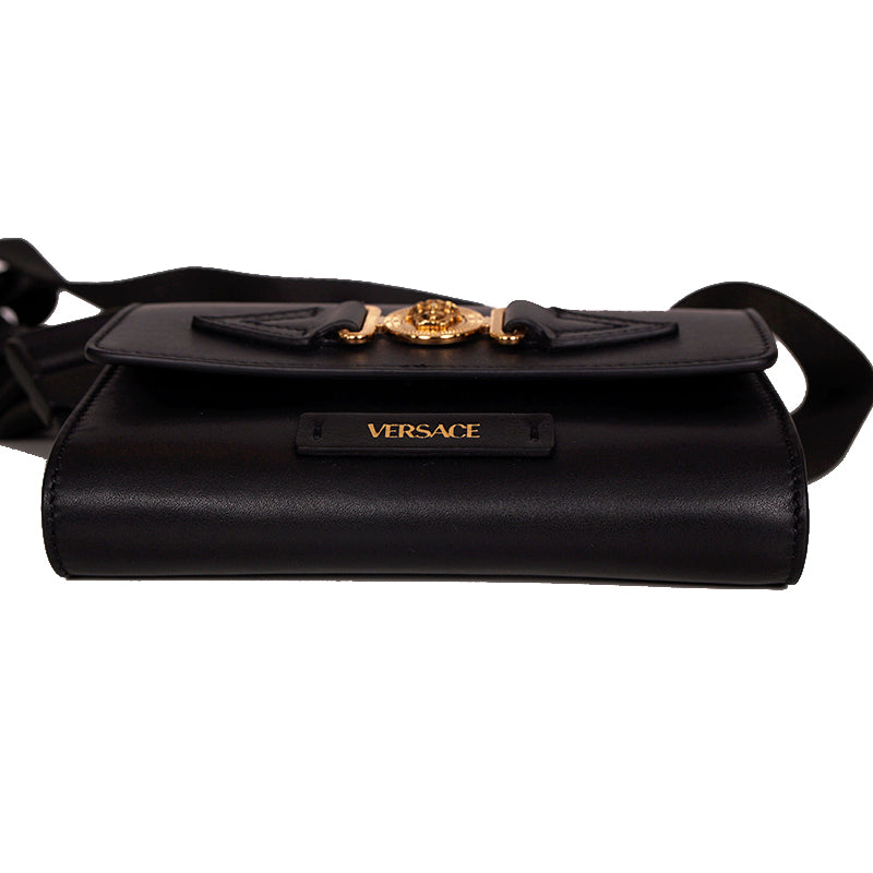 NEW $995 VERSACE Men's Black Leather GOLD MEDUSA BIGGIE LOGO Belt/Sling BAG NWT