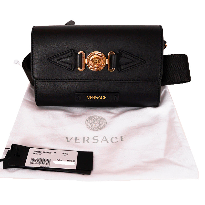 NEW $995 VERSACE Men's Black Leather GOLD MEDUSA BIGGIE LOGO Belt/Sling BAG NWT