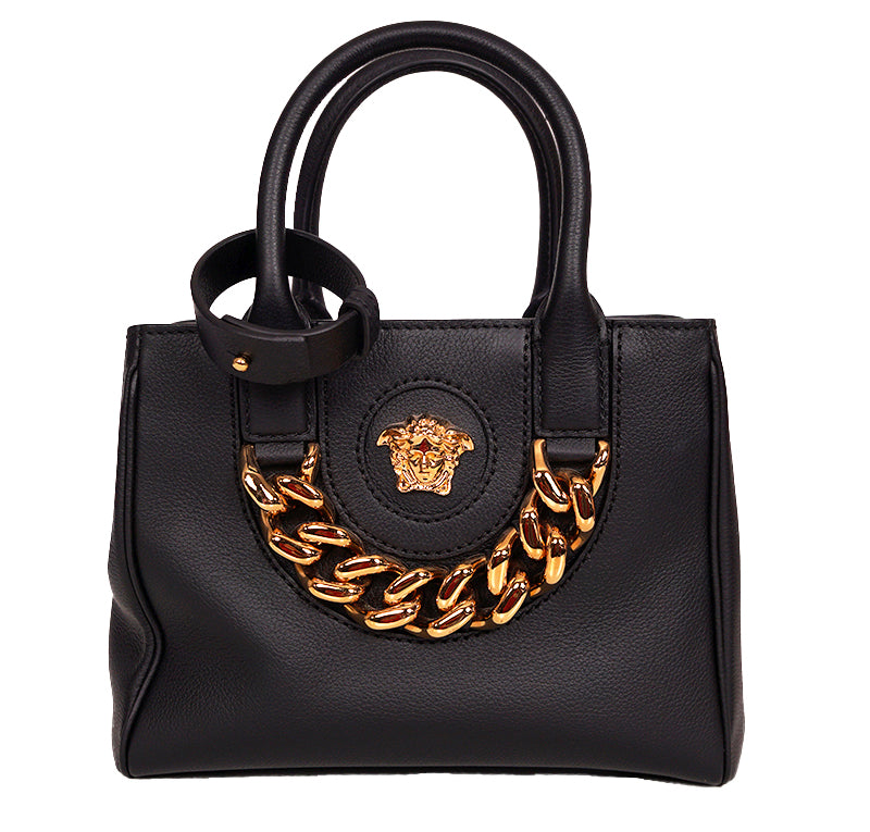 NEW $2,125 VERSACE RUNWAY Black Leather LA MEDUSA CHAIN Small TOTE BAG & STRAP