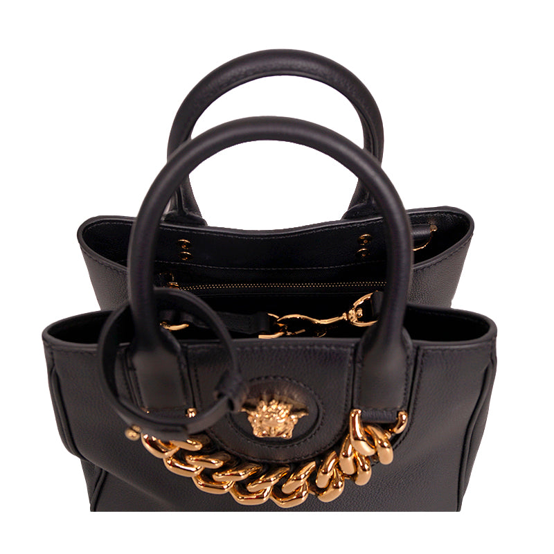 NEW $2,125 VERSACE RUNWAY Black Leather LA MEDUSA CHAIN Small TOTE BAG & STRAP