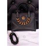 NEW $2,125 VERSACE RUNWAY Black Leather LA MEDUSA CHAIN Small TOTE BAG & STRAP