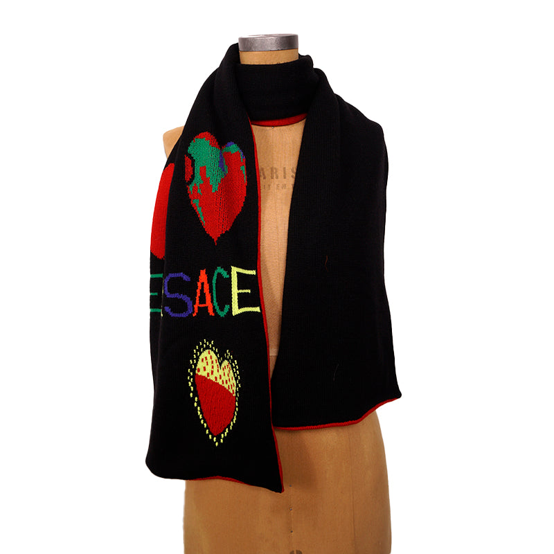 NEW $795 VERSACE Jim Dine Artist Collab LOVE VERSACE Black 100% Wool HEART SCARF