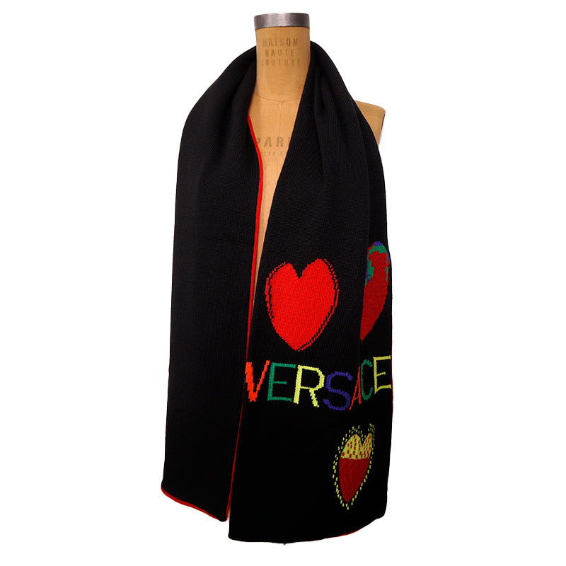 NEW $795 VERSACE Jim Dine Artist Collab LOVE VERSACE Black 100% Wool HEART SCARF