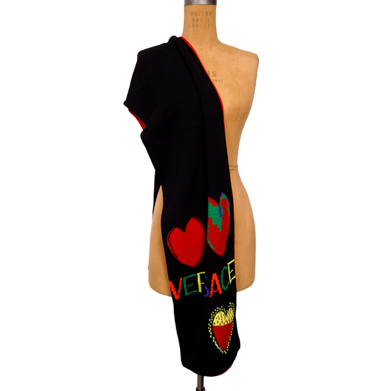 NEW $795 VERSACE Jim Dine Artist Collab LOVE VERSACE Black 100% Wool HEART SCARF