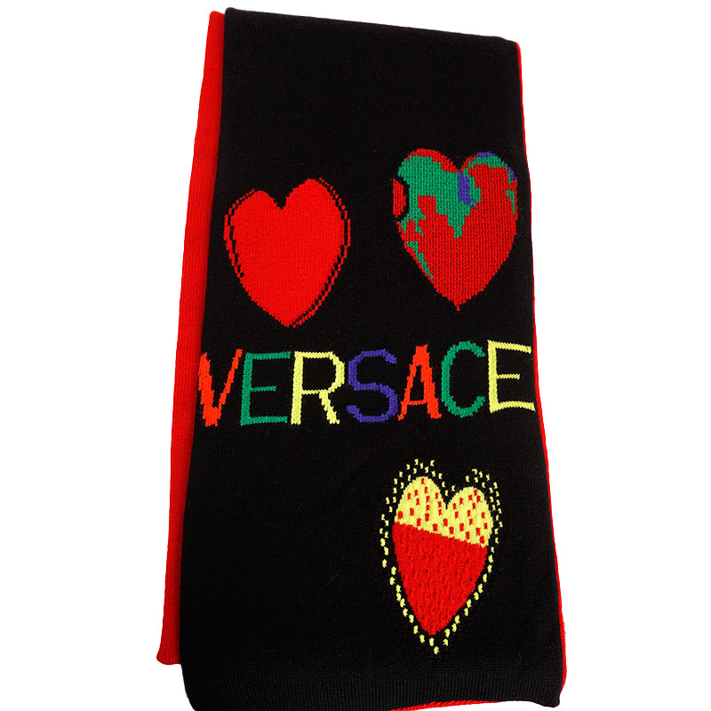 NEW $795 VERSACE Jim Dine Artist Collab LOVE VERSACE Black 100% Wool HEART SCARF