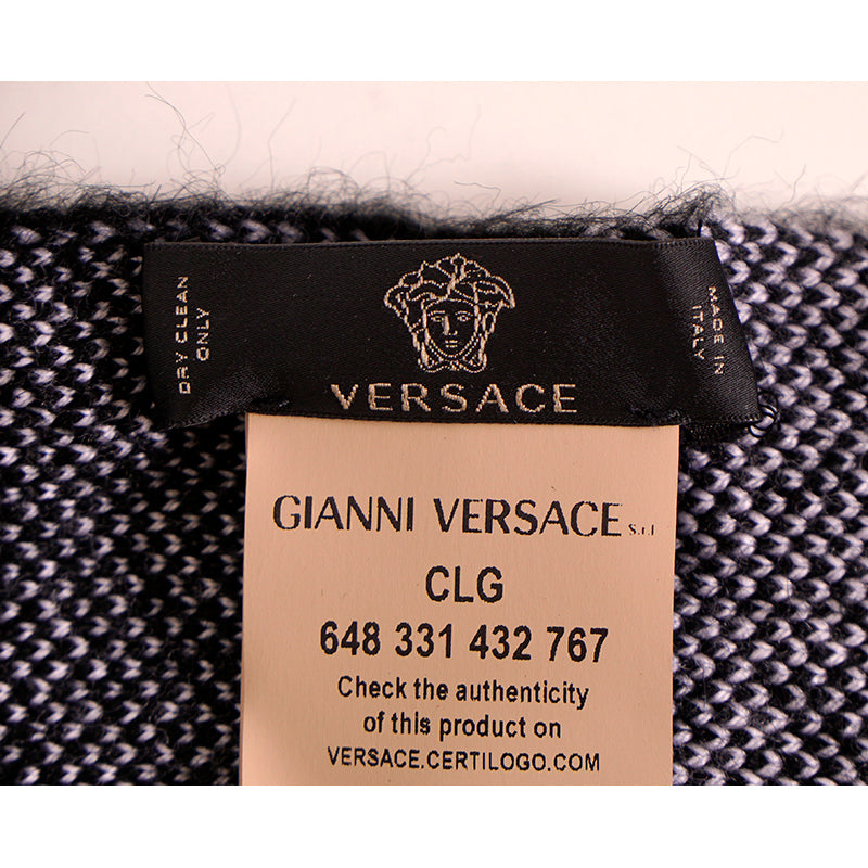 NEW $695 VERSACE RUNWAY Black & White Geometric Wool Mohair Blend GV LOGO SCARF