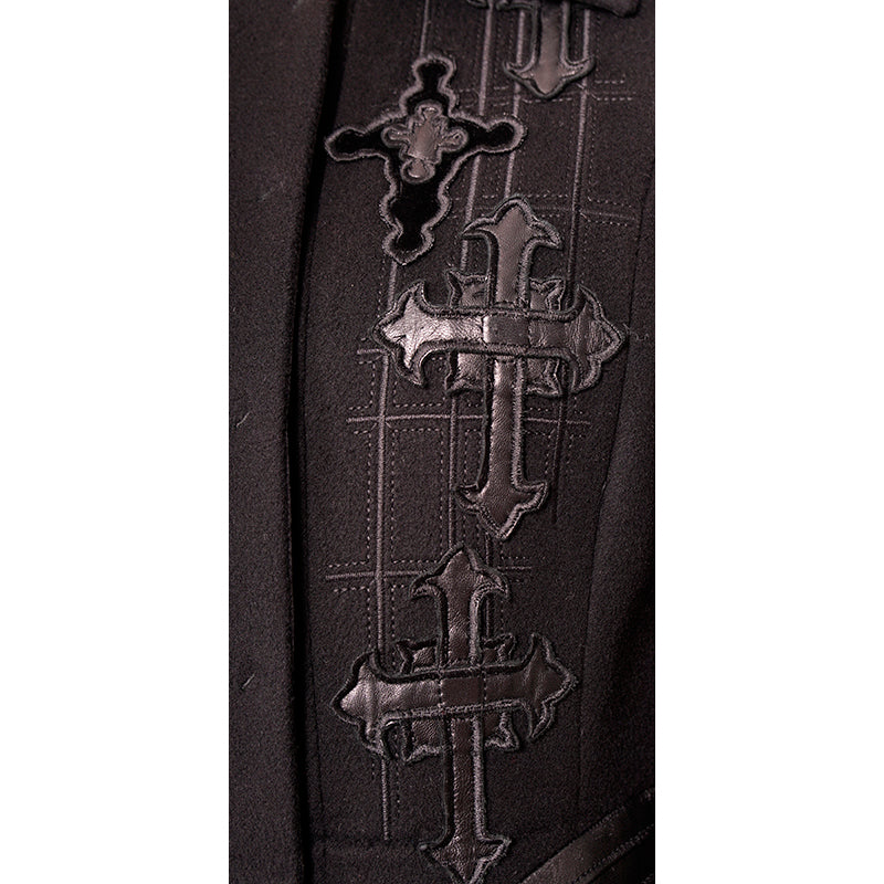 42 8 VINTAGE 2012 VERSACE RUNWAY Black GOTHIC CROSS Wool Cashmere COAT & LEATHER