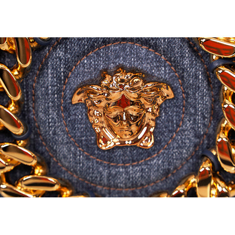 NEW $1,695 VERSACE Denim & Leather Gold LA MEDUSA CHAIN Logo DISCO ROUND BAG NWT