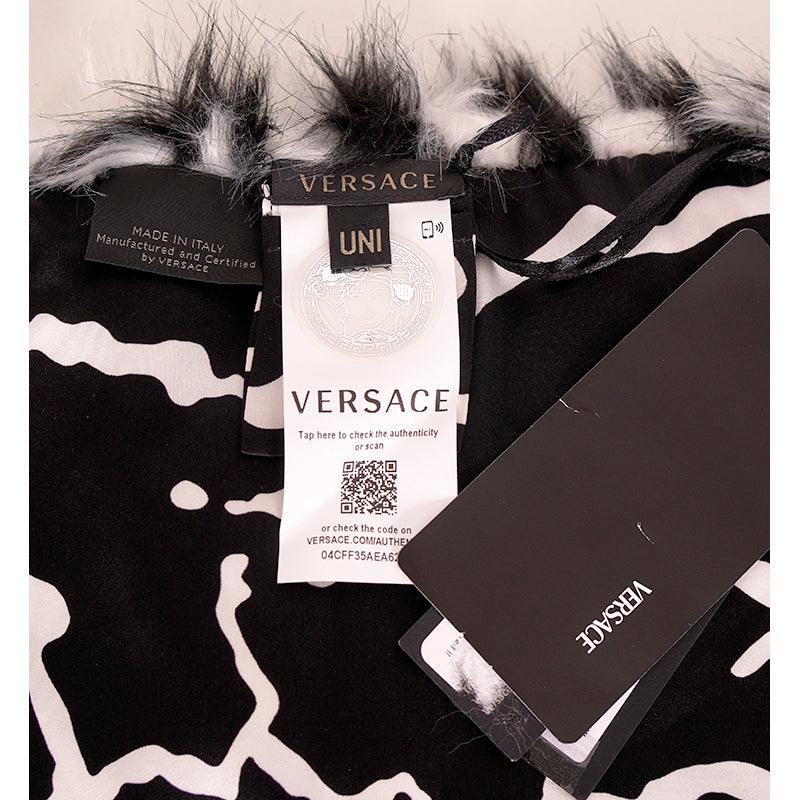 NEW $795 VERSACE RUNWAY Black White Zebra Print FAUX FUR STOLE 54" x 9" SCARF