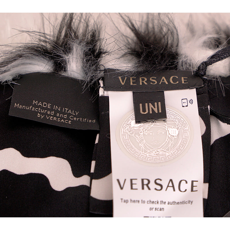 NEW $795 VERSACE RUNWAY Black White Zebra Print FAUX FUR STOLE 54" x 9" SCARF