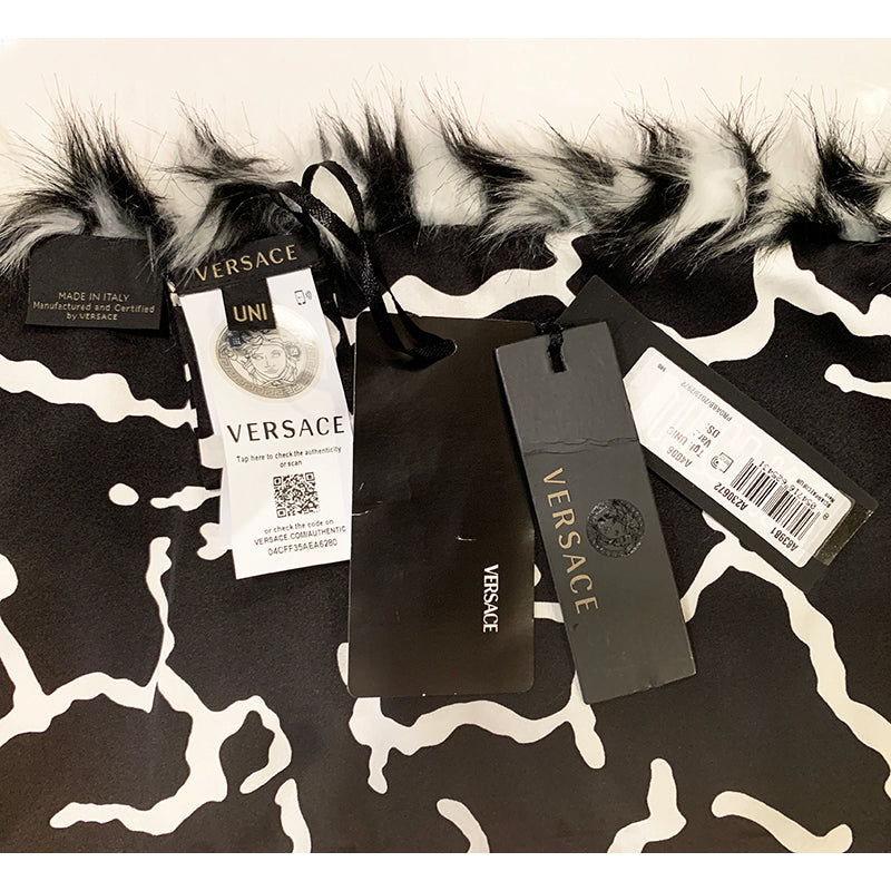 NEW $795 VERSACE RUNWAY Black White Zebra Print FAUX FUR STOLE 54" x 9" SCARF