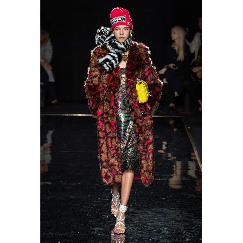 NEW $795 VERSACE RUNWAY Black White Zebra Print FAUX FUR STOLE 54" x 9" SCARF